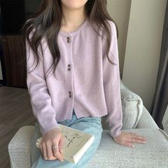 休闲百搭温柔甜美风短款花边圆领长袖针织衫毛衣开衫外套外穿潮