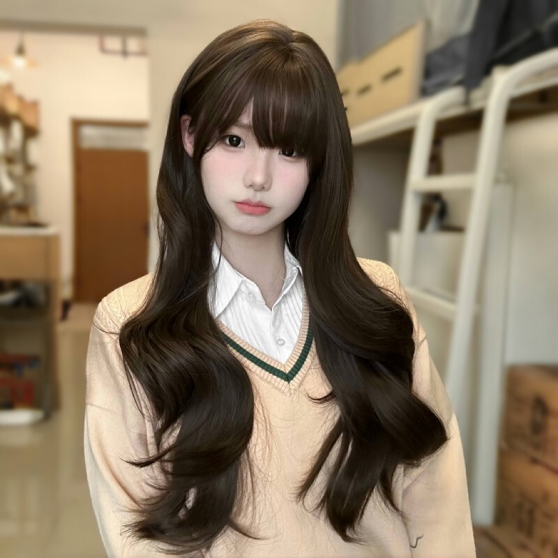 [Tie Double Ponytail] Xingcheng Wig Women's Cold Brown Big Wavy Long Curly Hair Sweet Lolita Full Headgear