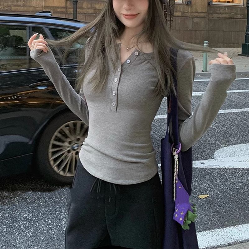 Velvet Henry Shirt-Base Shirt Women's Autumn and Winter Inner Wearing Long-sleeved Slim-fit Top T-shirt Women