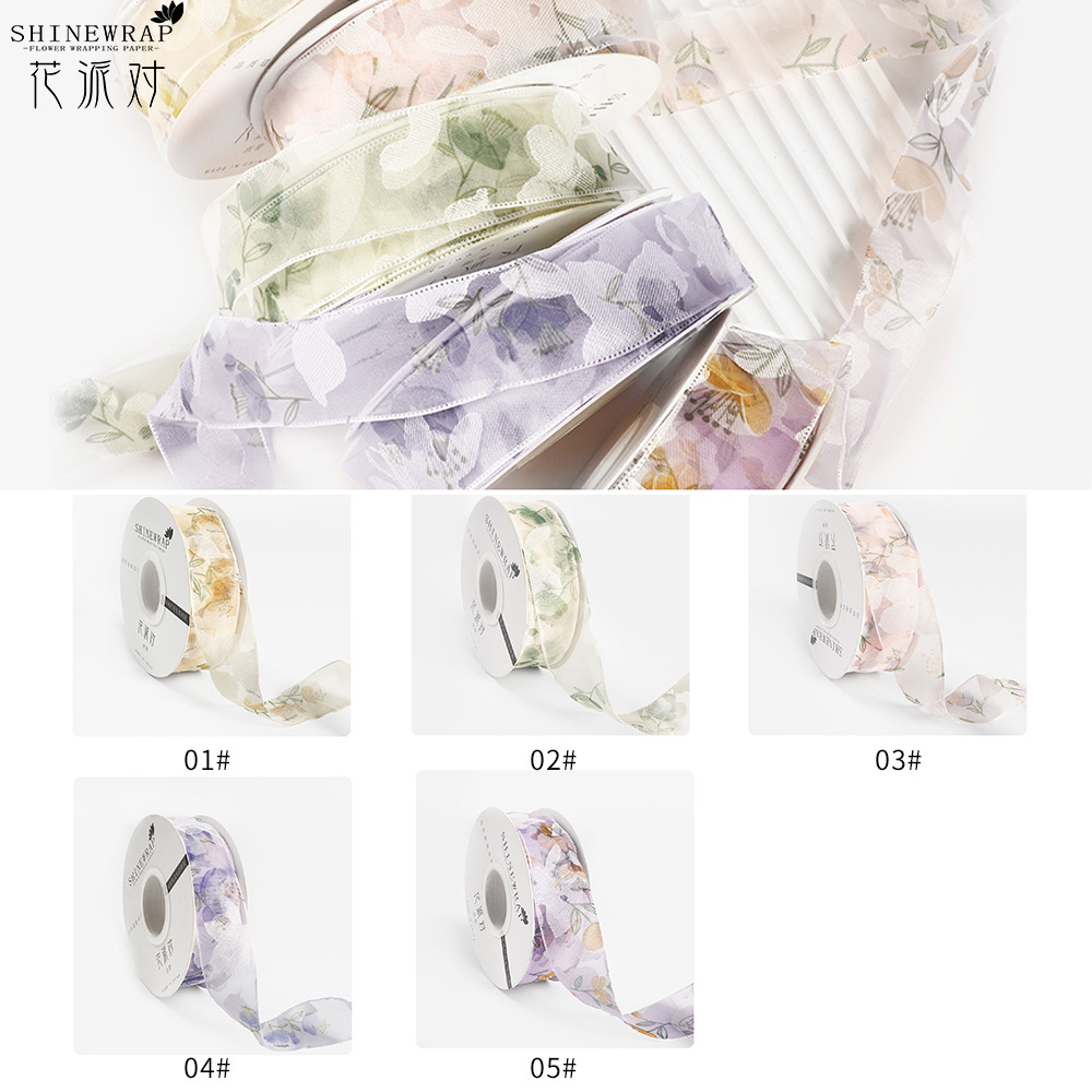 Fabricantes de fiestas de flores al por mayor nueva impresión de cinta 2.5CM envases de flores tiendas de flores regalo ramo de cinta