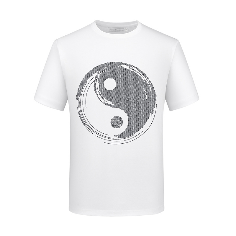 短袖男t恤2025新款夏季烫钻八卦图父亲节服装白色重磅半袖男轻奢