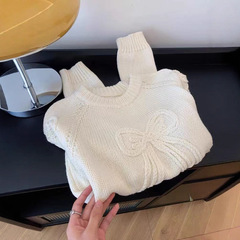 蝴蝶结刺绣圆领宽松套头毛衣女加厚内搭秋冬可外穿打底高级感上衣