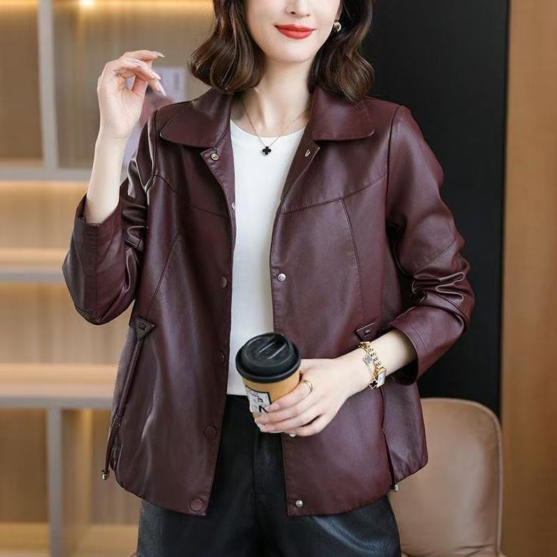 2026 Autumn/Winter Haining New Fashionable Women's Leather Jacket with Turn-down Collar, Casual Loose Slimming Versatile Leather Coat