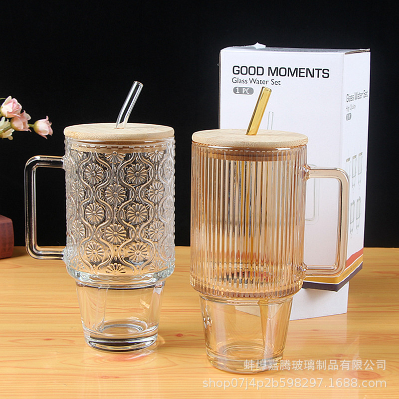 Taza de paja de vidrio vertical con mango, taza de café latte de hielo, taza de jugo de bebida de gran capacidad, taza de regalo de fiesta