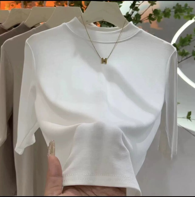 [rayon cotton 1*1] semi-high collar t-shirt women's spring and summer versatile five-point sleeve top high-grade slim fit short inner sleeve