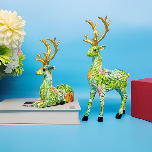 Resin Crafts Water Transfer Printed Colorful Deer Ornament Creative Couple Wedding Gift Home Living Room Bar Cabinet Decor