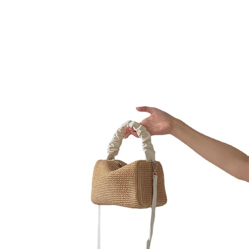 Summer straw bag for women 2024 new style girl retro pleated contrast color portable square bag versatile diagonal cross bag trendy