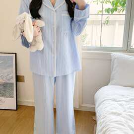 浅蓝条纹蕾丝花边宽松长袖睡衣套装女春秋居家睡眠家居服批发