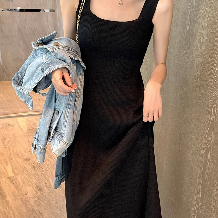 High-End Custom-Made Floor-Length Skirt, Solid Color, Waist-Cinching, Backless, Stretchy Long Strap Dress for Women, Summer Knit Slimming A-Line Long Dress