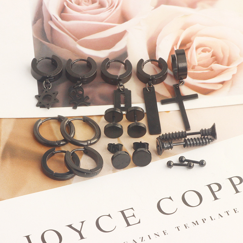 17 Pieces Set Men Stud Earrings Stainless Steel Pierced Earrings Set Black Silver Cross Earrings detail image 26