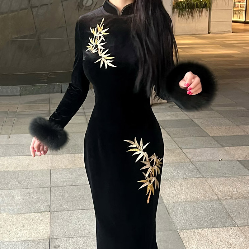 加絨冬裝黑色國風中式長款改良旗袍2024新款年輕款女復古修身長袖