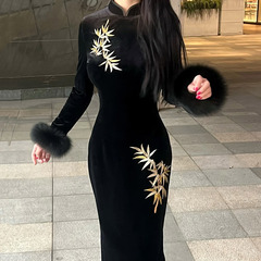 加絨冬裝黑色國風中式長款改良旗袍2024新款年輕款女復古修身長袖