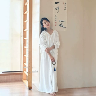 26新款禅意砂洗亚麻瑜伽服普拉提宽松上衣阔腿裤套装2色