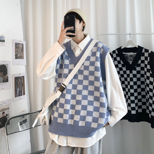 Checkerboard Knitwear Vest Boys Spring & Fall Loose Lazy Ins Trendy V-Neck Sleeveless Couple Style Knitwear Vest