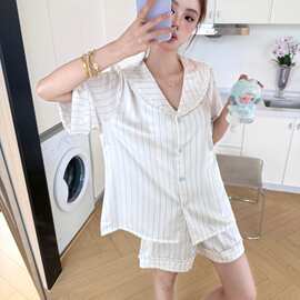 夏季女网红法式条纹甜美短袖冰雪丝翻领2026年新款家居服睡衣套装