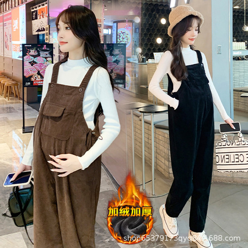 Pregnant women's bib pants Spring and autumn, small corduroy pregnant women's pants, thickened autumn and winter suit, two-piece set, fashionable