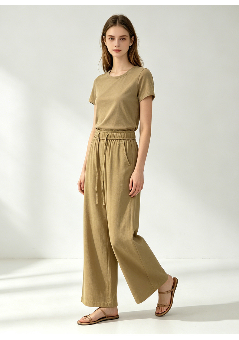 Quần culottes nữ ống rộng cạp cao vải lanh phối sợi tencel dáng suông ống thẳng — màu kaki chi tiết 20
