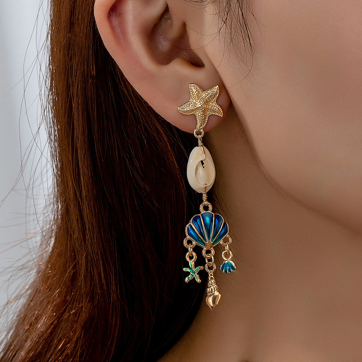Alloy, Shell Material Scallop, Starfish Pattern 1 Pair Vintage Style Marine Style Scallop Starfish Alloy Shell Drop Earrings