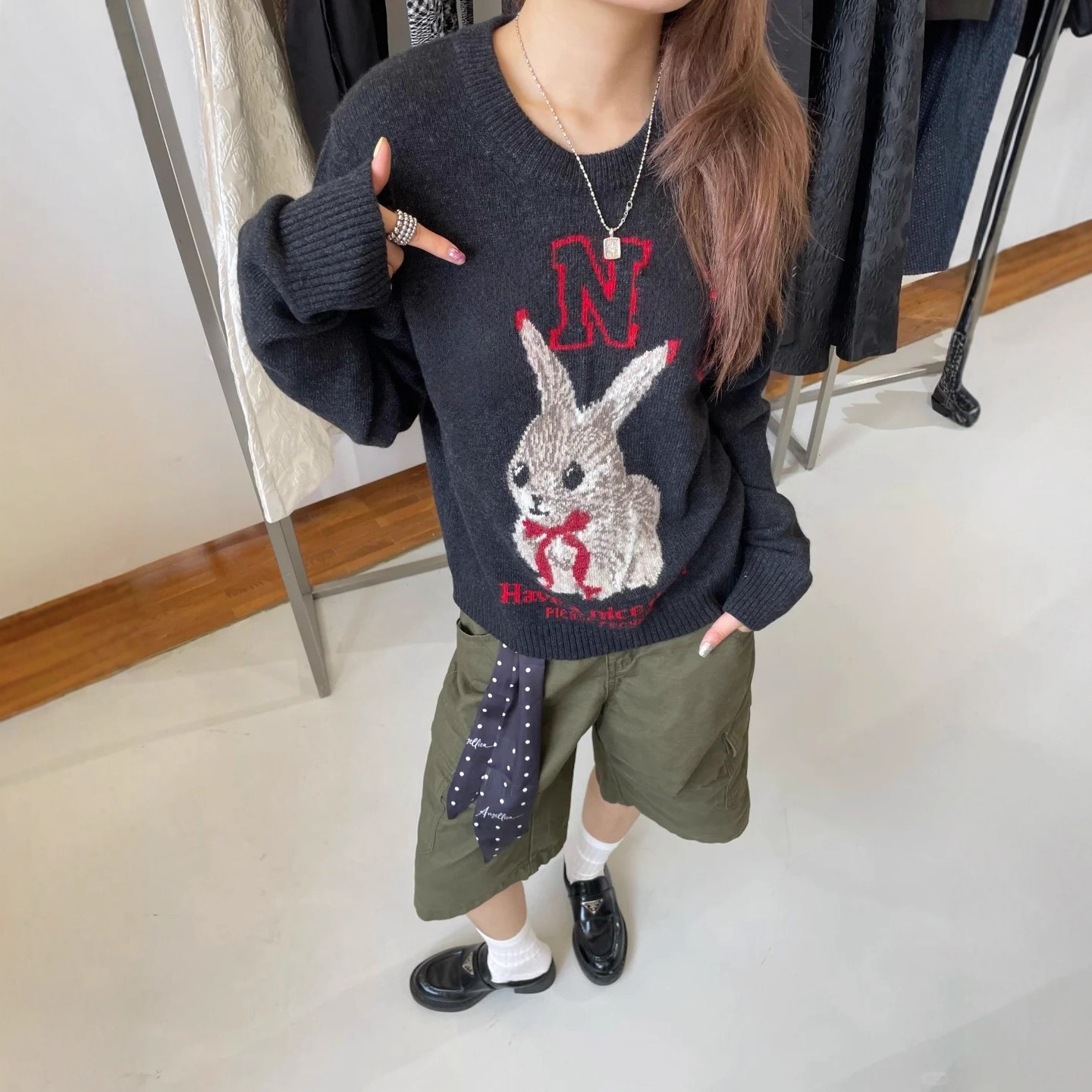 真羊毛！秋冬新款GA字母兔子羊毛混纺圆领套头灰色针织衫毛衣女