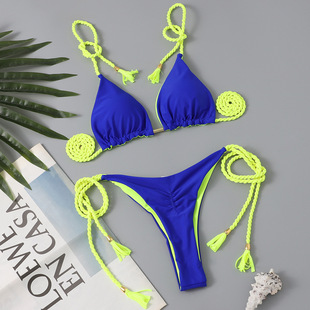 2025 European and American New Bikini Swimsuit Women's Pure Color Split Drawstring Bow Sexy Bikini Split Swimsuit