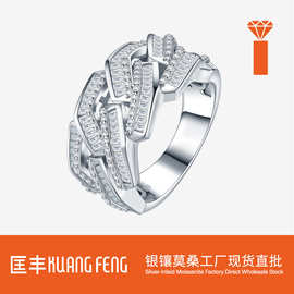 跨境新款嘻哈指环S925纯银电镀白金莫桑石手工镶嵌国王戒指男戒
