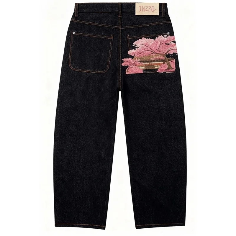 Millenial Europa y América cruzando fronteras estilo americano retro estilo de tendencia Jeans Harajuku flores de cerezo bordadas pantalones casuales