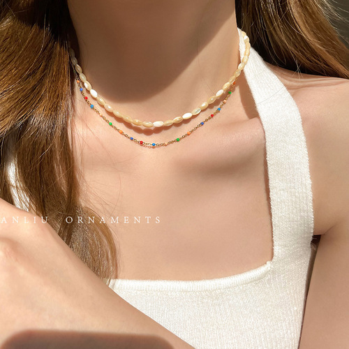 Layered Double Wearing Oil Mother-of-Pearl Necklace Korean Style Fashion Jade Color Chain Clavicle Chain Rice Bead String Necklace for Women