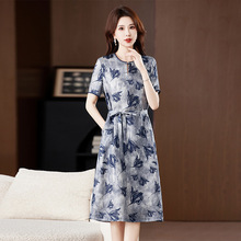 杭州田园风印花桑蚕丝裙子2025夏季新款系带收腰显瘦真丝连衣裙女