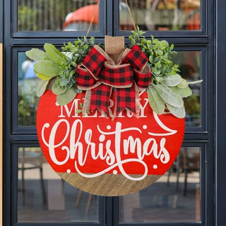 Merry Christmas 木牌花环门挂亚马逊商场橱窗圣诞橱窗装饰品批发