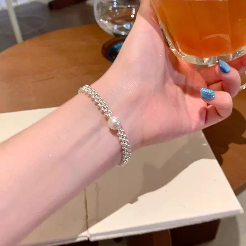 韩系银色珠子编织手链女轻奢小众气质珍珠手环高级感闺蜜学生手饰