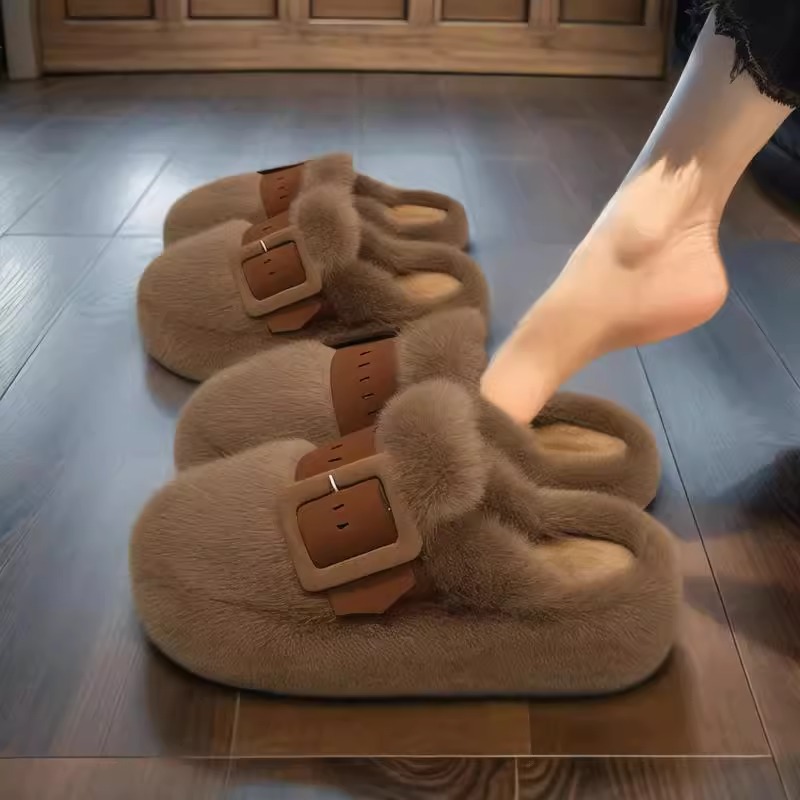 Zapatillas de pelo rojo de Internet explosivas mujeres otoño e invierno 2024 nuevo fondo blando moda Fondo grueso para mantener el calor en casa Baotou Cotton Tower