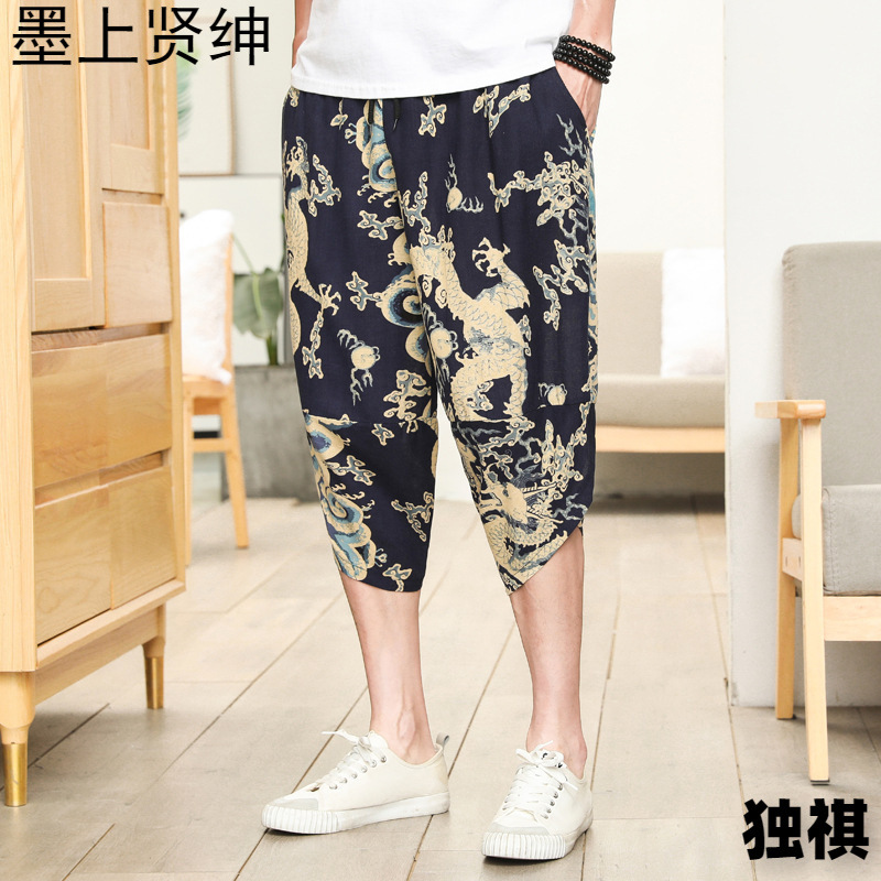 Venta al por mayor de fábrica pantalones de cáñamo de verano pantalones cortos para hombres pies sueltos pantalones de zanahoria pantalones harem de lino de algodón pantalones de flores de estilo étnico