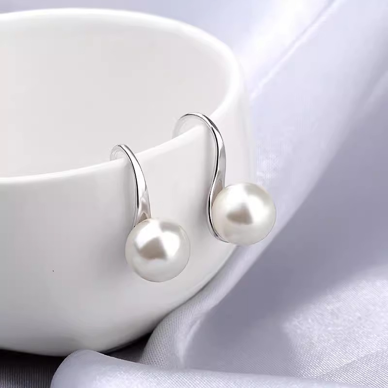 Round pearl S925 silver needle ear hook round pearl 8-14mm earrings high heels spoon-shaped simple and generous temperament