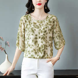 品牌桑蚕丝衬衫女2025新款气质优雅显瘦中年妈妈显瘦时尚印花上衣