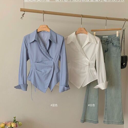 Plus-size designer irregular waist-defined slimming striped shirt—women’s new elegant lapel long-sleeved blouse