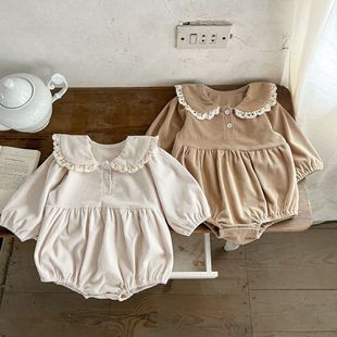 ins girls' cotton lace lapel corduroy casual romper Korean-style newborn jumpsuit romper outwear