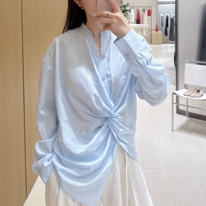 in stock ed French Style Light Mature Chic Good-looking Top Cool High-grade Blue Kink Shirt Women's Top