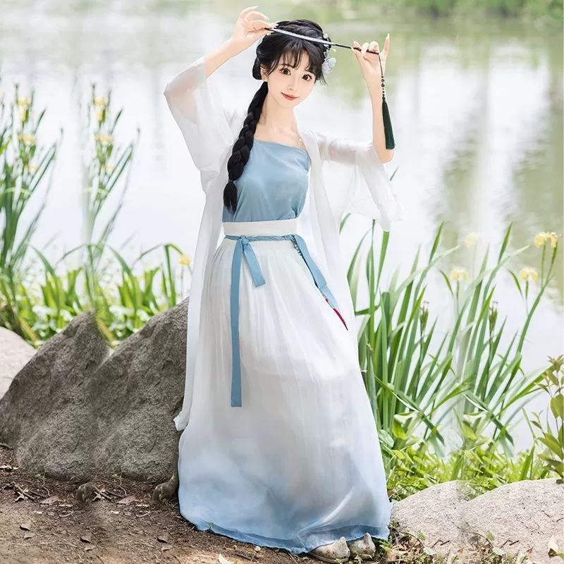 Холодно- и тепло-рукав Hanfu для женщин 2024 новый широкий рукав, сказочная юбка, древний стиль, сказочный свободный костюм