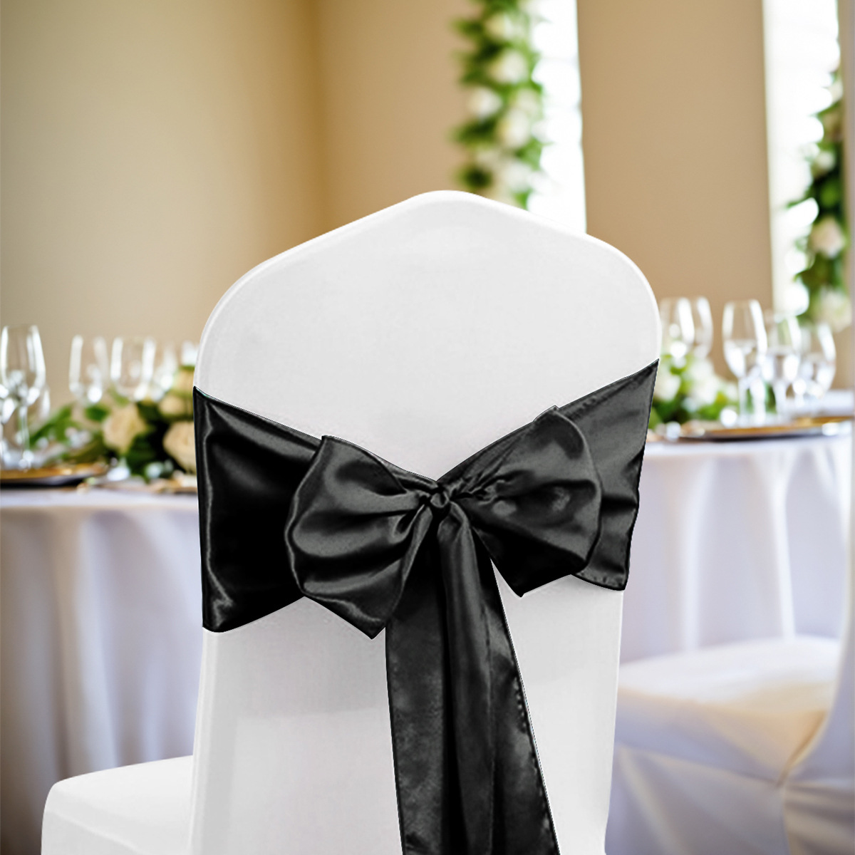 Accesorios de lazo de flor de respaldo de silla de satén de cinco bellezas transfronterizas Suministros generales de decoración de boda Funda de silla elástica Decoración de lazo