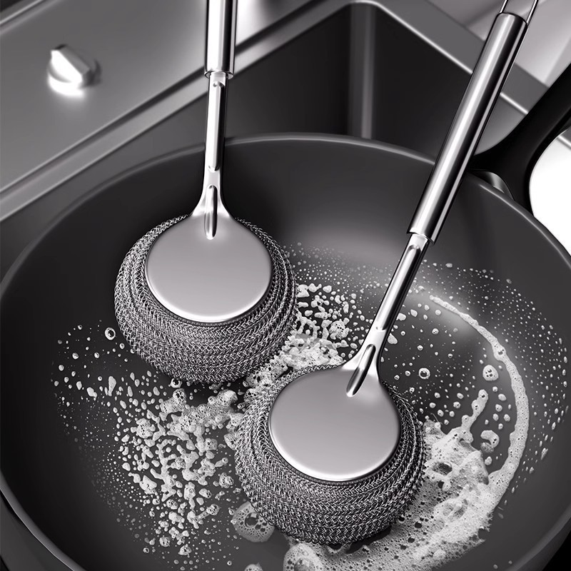 mayorista de acero inoxidable con mango de cepillo largo para cocina especial para lavar la olla bola de alambre de acero para lavar los platos y limpiar la olla cepillo artefacto mágico
