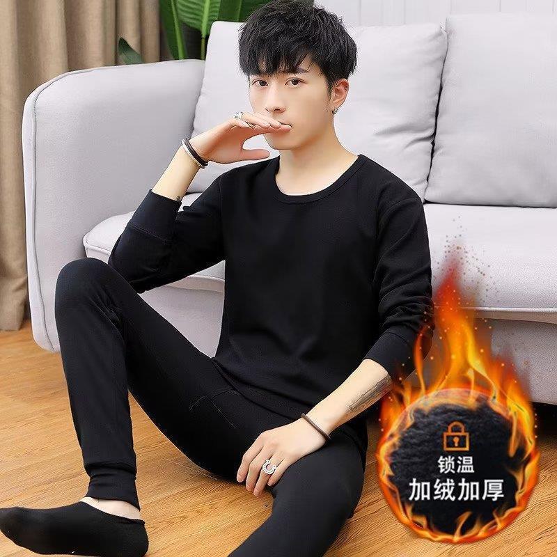 Autumn Clothes and Pants suit Men's Solid Color Thermal Underwear Thin Season Slim-fit Teenager Crewneck/V-neck Pajamas Base Shirt