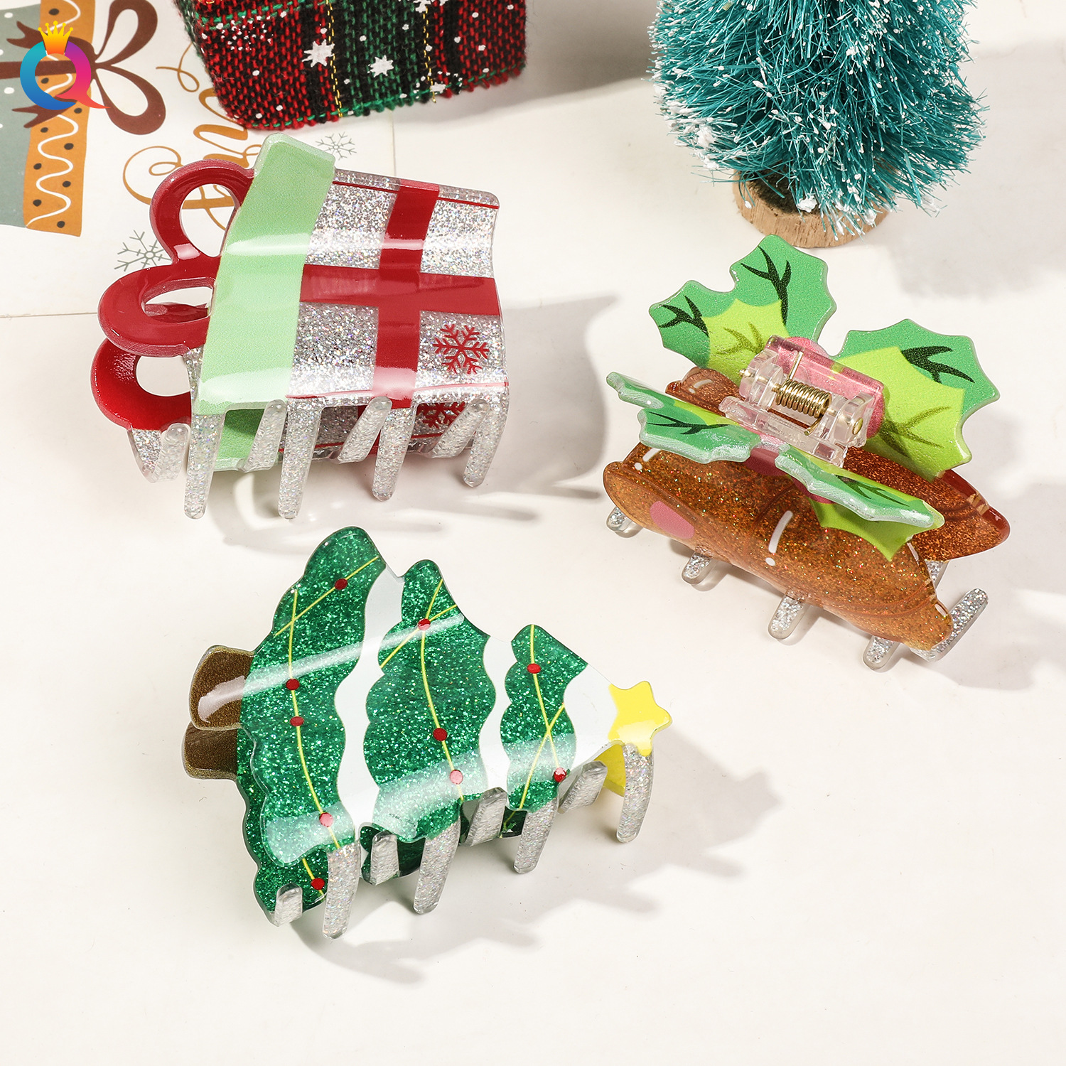 Christmas gift Odd reading cross border acrylic Christmas cartoon glitter hair clip disc hair clip senior sense shark clip hair accessories wholesale_voghion.com