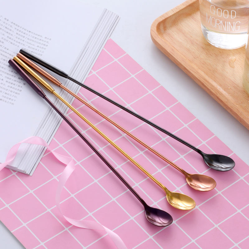 加长不锈钢鸡尾酒吧勺酒吧长柄调酒勺镀钛彩色冰匙奶茶搅拌棒吧更