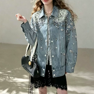 2026早秋季新款重工刺绣花朵亮片翻领短款牛仔夹克开衫外套上衣女