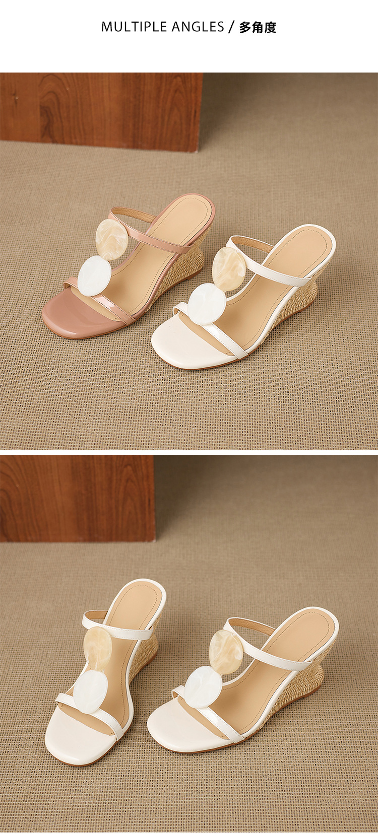 Dép sandal nữ quai chữ V đế xuồng bện rơm gót cao 7 cm — Trần truồng hồng, màu trắng ngà chi tiết 12