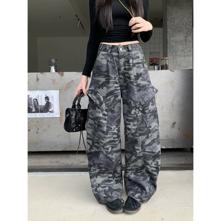迷彩色高街嘻哈潮牌工装牛仔裤女秋季美式复古宽松拖地休闲裤子