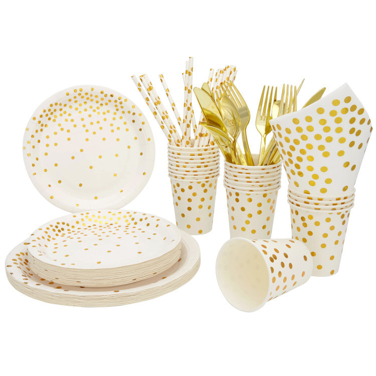 Gilding point disposable restaurant hotel Western party party party paper tableware suit round paper plate paper cup knife and fork
