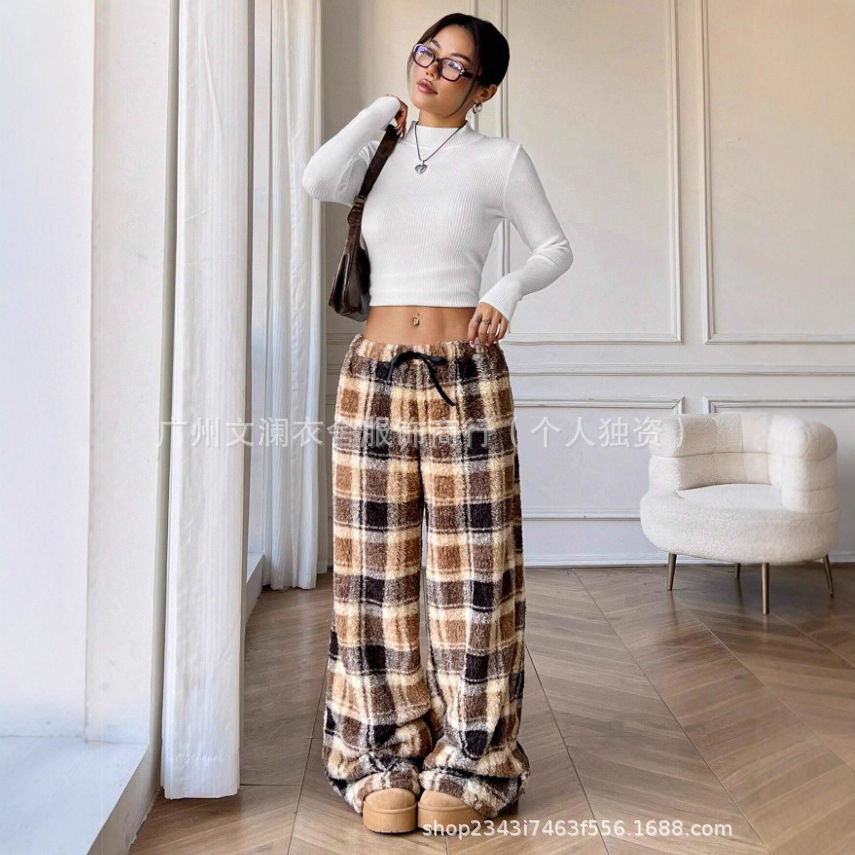 In-Stock Autumn and Winter New Models Amazon Aliexpress Cross-Border Thick Plaid Casual Fashion Loose Wide-Leg Plush Pajama Pants