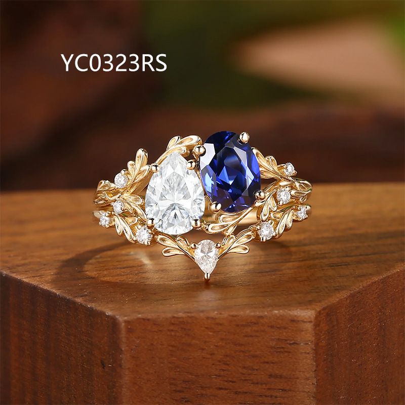 Ins-Style Fresh and Ethereal Flower Branch Stacking Wedding Rings Cross-Border S925 Sterling Silver Plated with 18K Gold Cultured Blue Sapphire Gemstone Ring