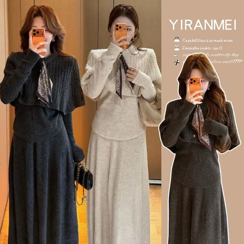 Maternity wear autumn outfit 2026 new style high-end cape sweater and skirt set for pregnancy, autumn three-piece set Maternity wear autumn outfit 2026 new style high-end cape sweater and skirt set for pregnancy, autumn three-piece set
